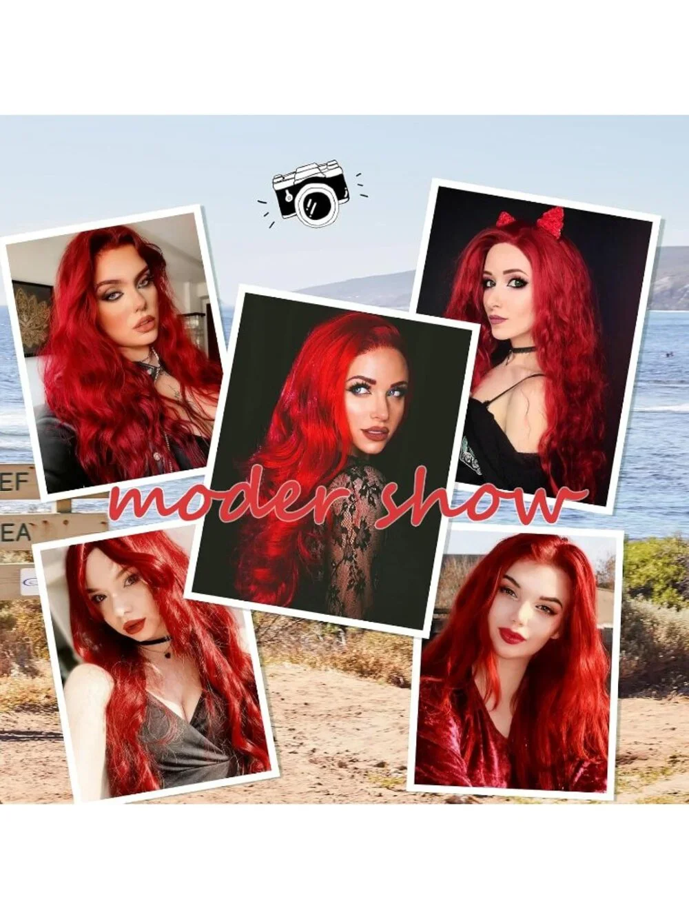 Women's Red 26 Inch Natural Synthetic Modern Long Curly Wavy Fiber Wigs